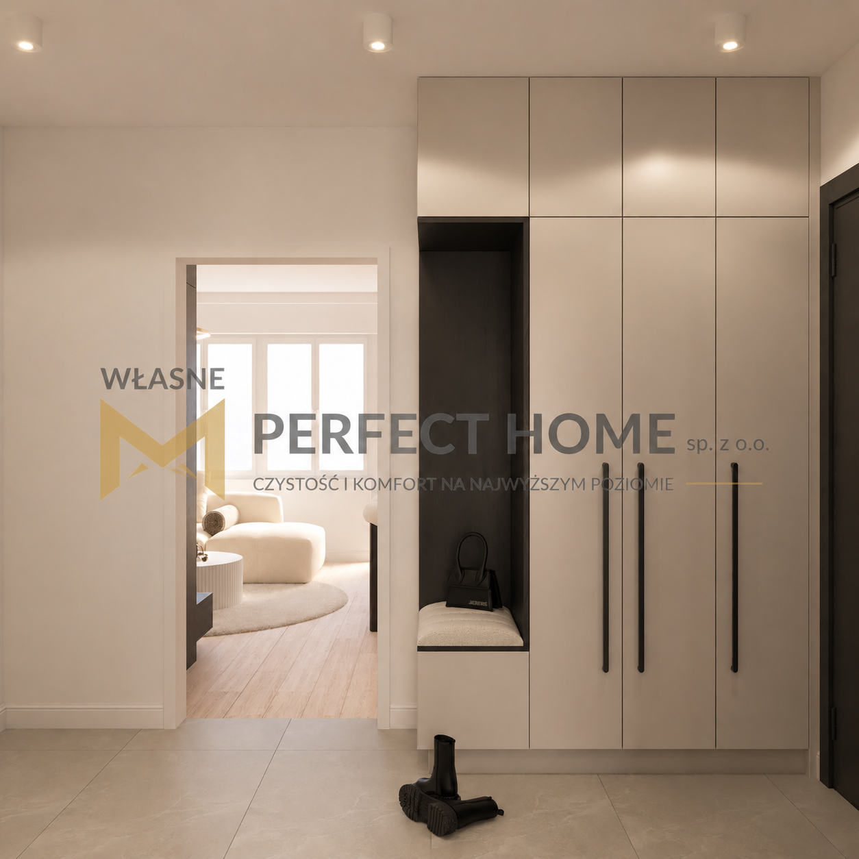 Nowoczesny projekt wnętrza — przedpokój z zabudową i otwarta kuchnia — realizacja Perfect Home